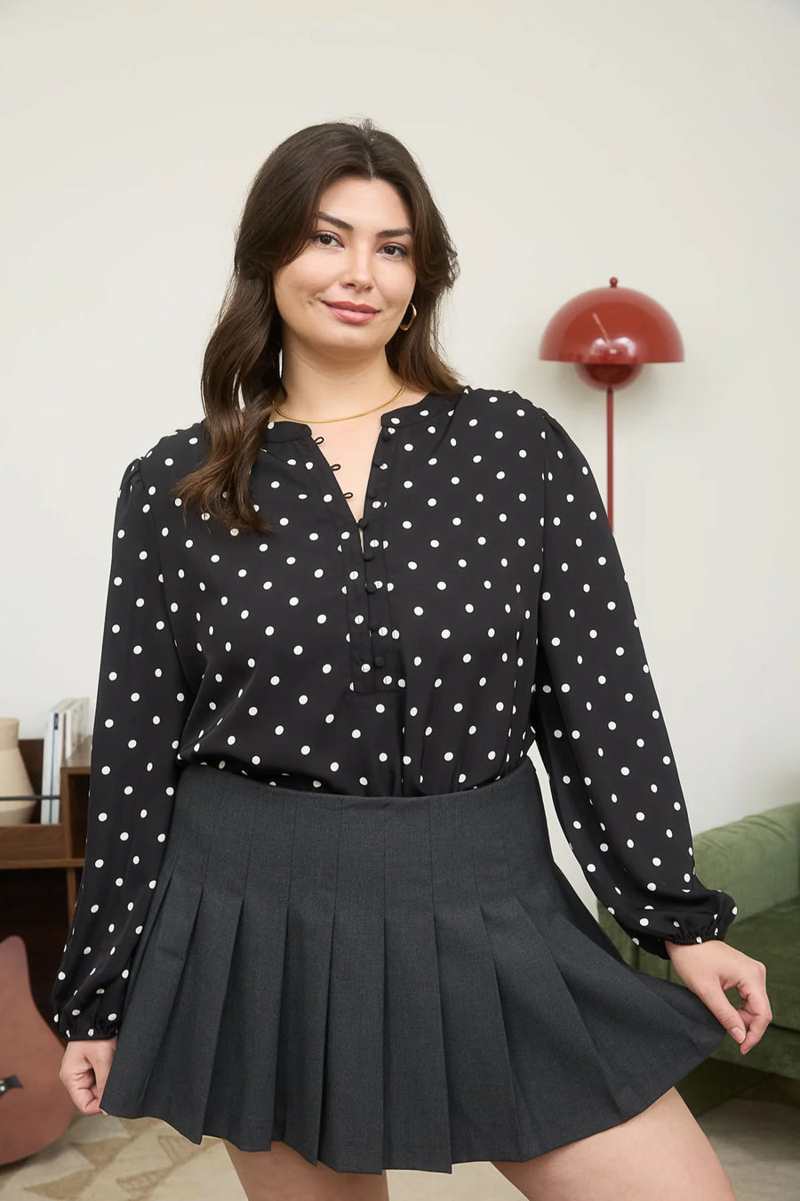 A La Mode | Polka Dot Henley Neckline Long Sleeve Blouse | Black
