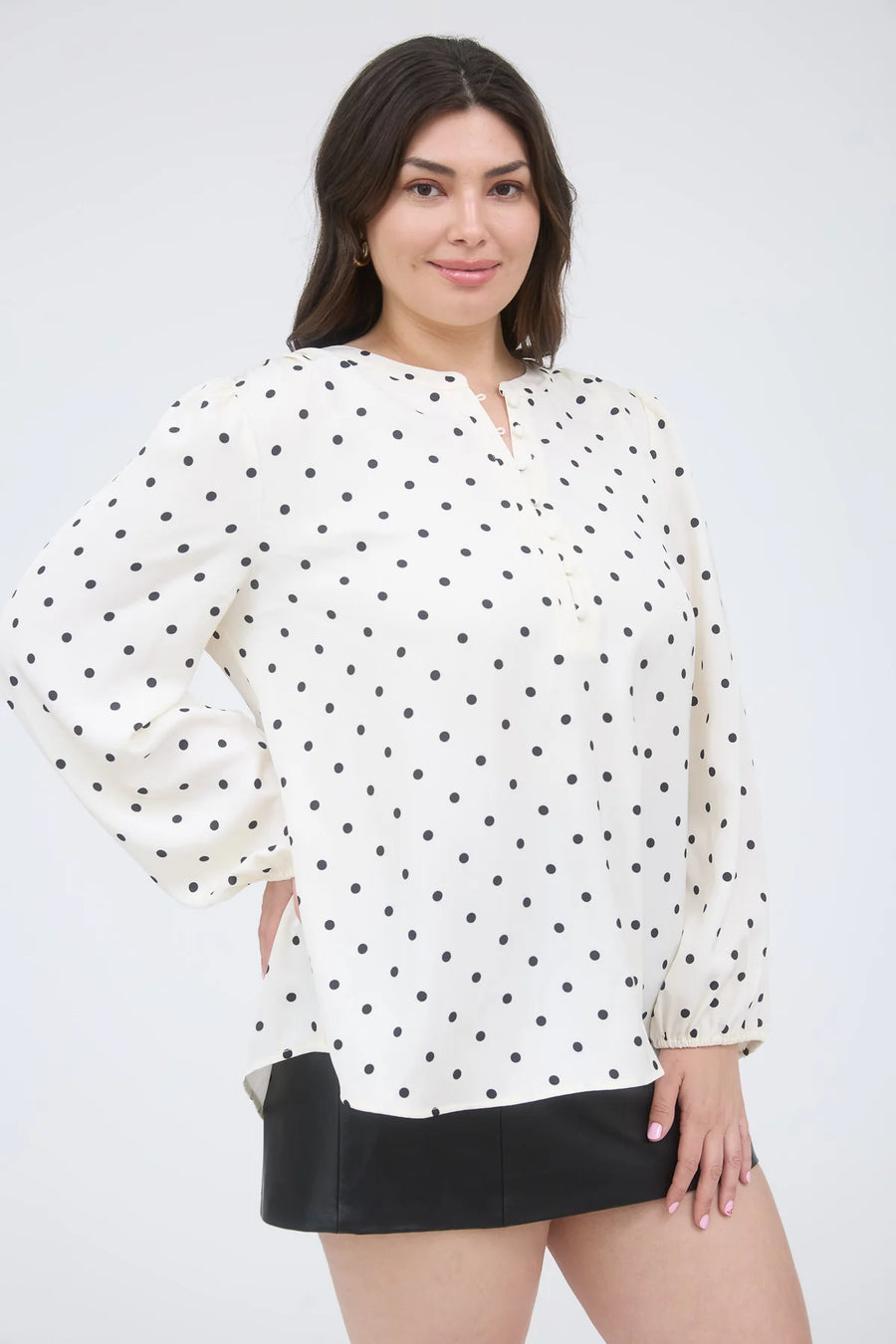 A La Mode | Polka Dot Henley Neckline Long Sleeve Blouse | Champagne