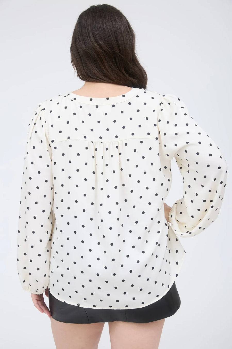 A La Mode | Polka Dot Henley Neckline Long Sleeve Blouse | Champagne