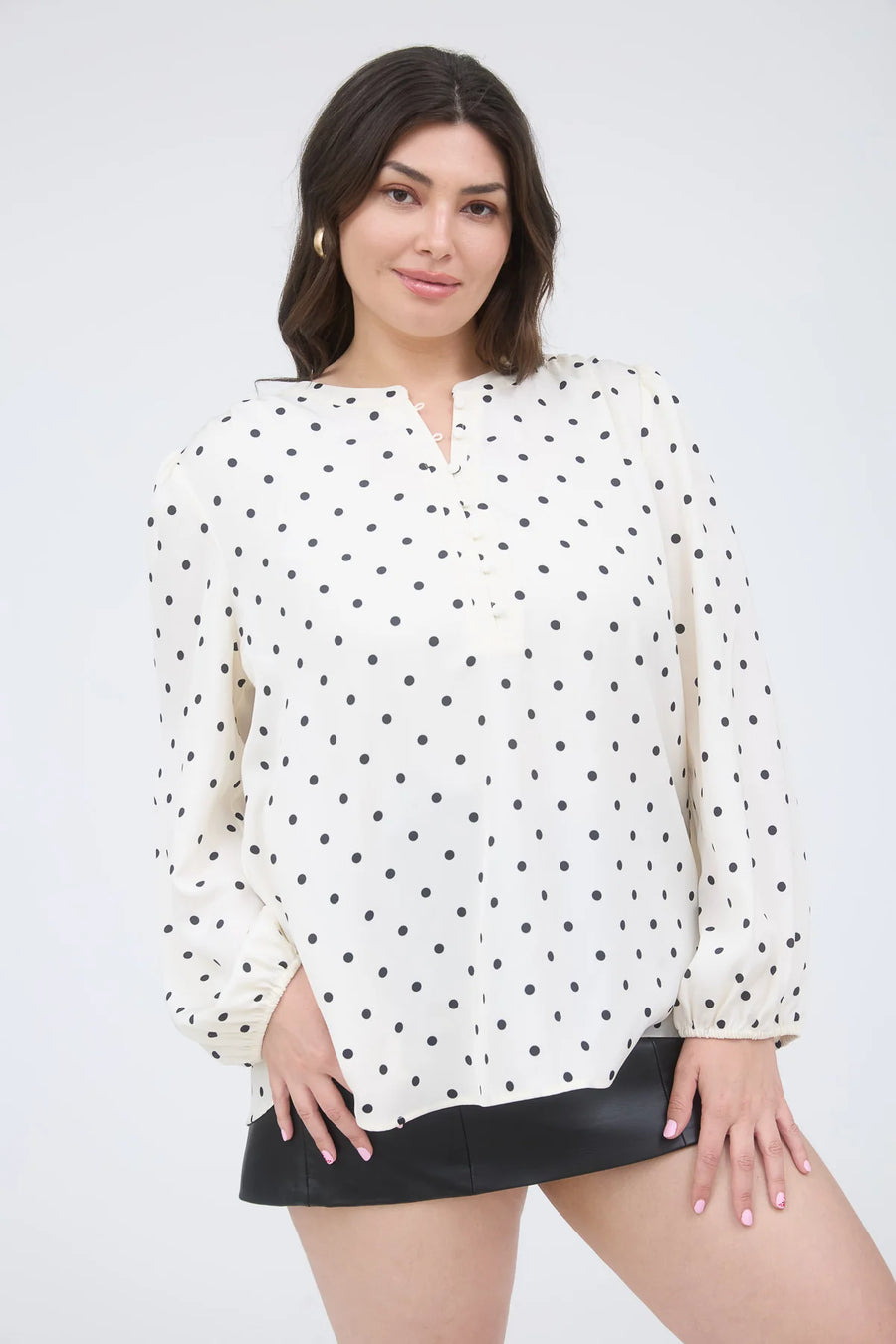 A La Mode | Polka Dot Henley Neckline Long Sleeve Blouse | Champagne