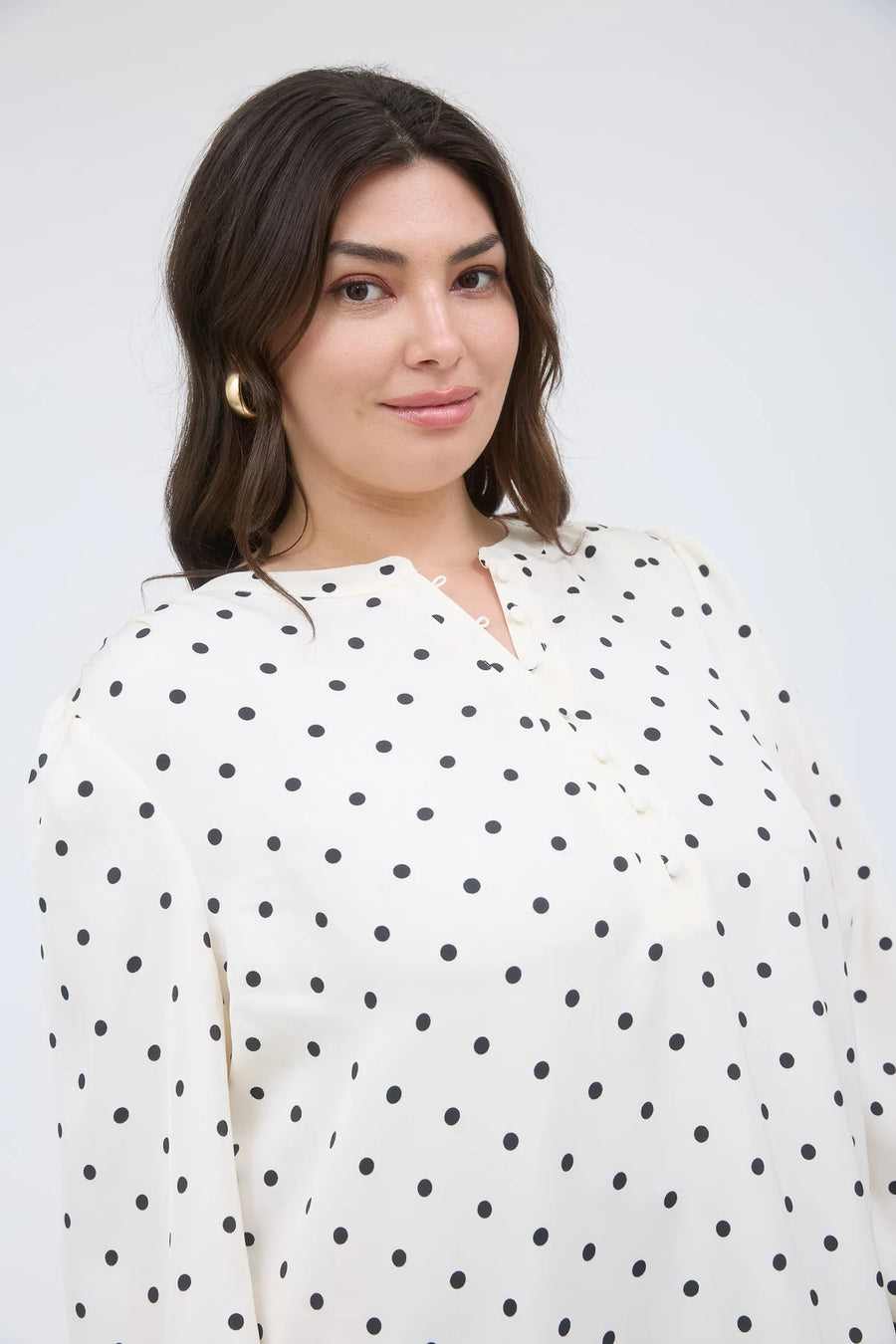 A La Mode | Polka Dot Henley Neckline Long Sleeve Blouse | Champagne
