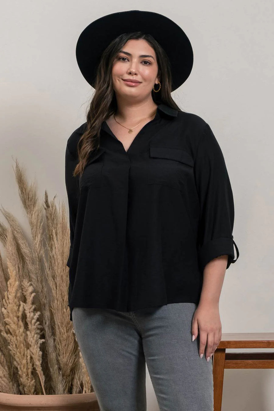 Indiana Collared Split Neck Roll-Up Sleeve Top | Black