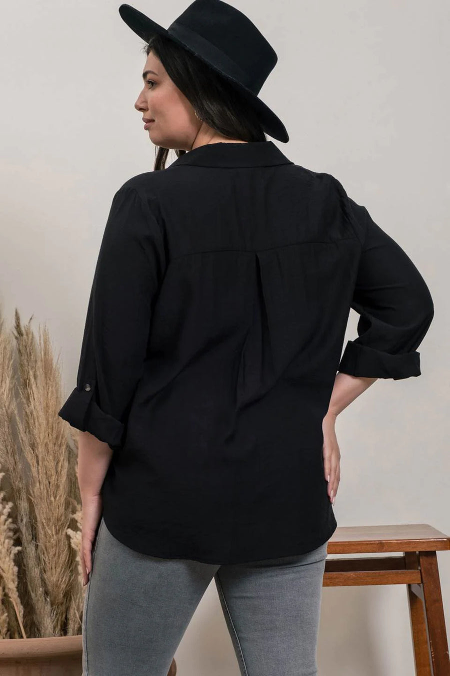 Indiana Collared Split Neck Roll-Up Sleeve Top | Black