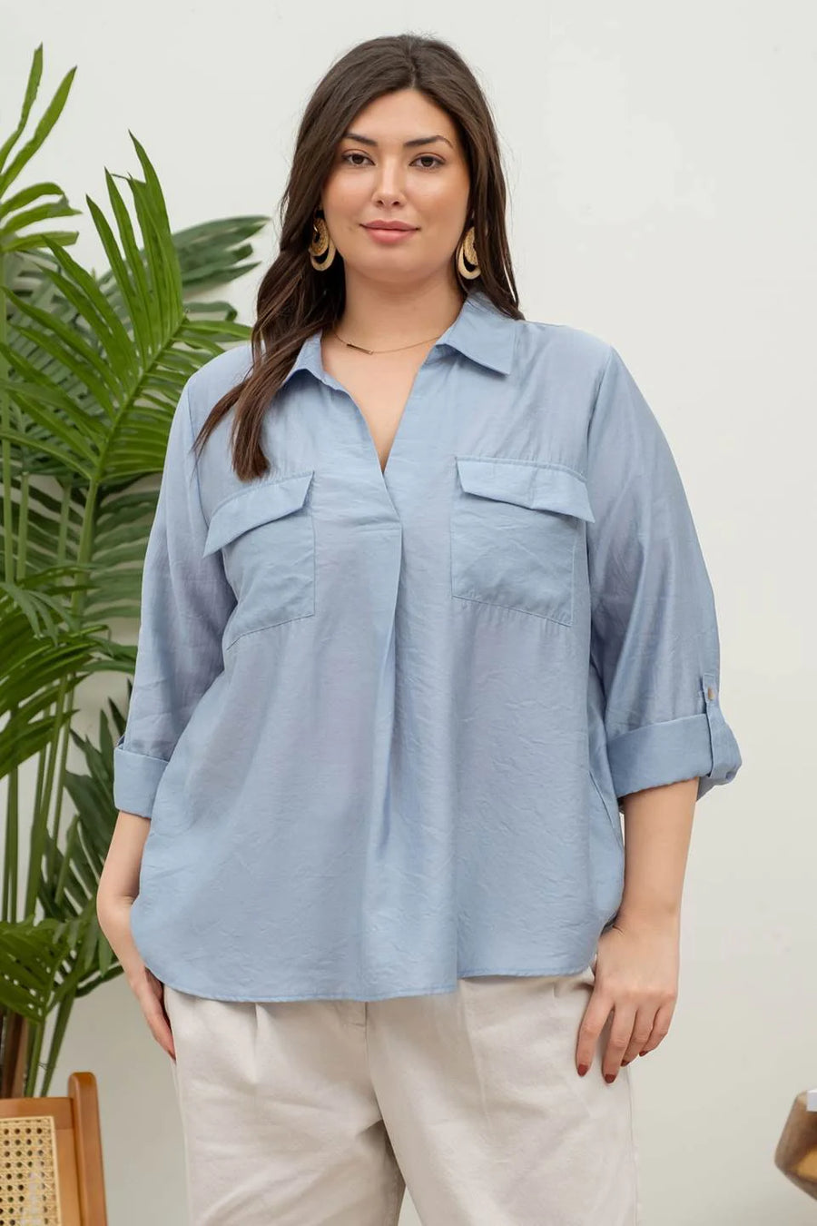 Indiana Collared Split Neck Roll-Up Sleeve Top | Chambray