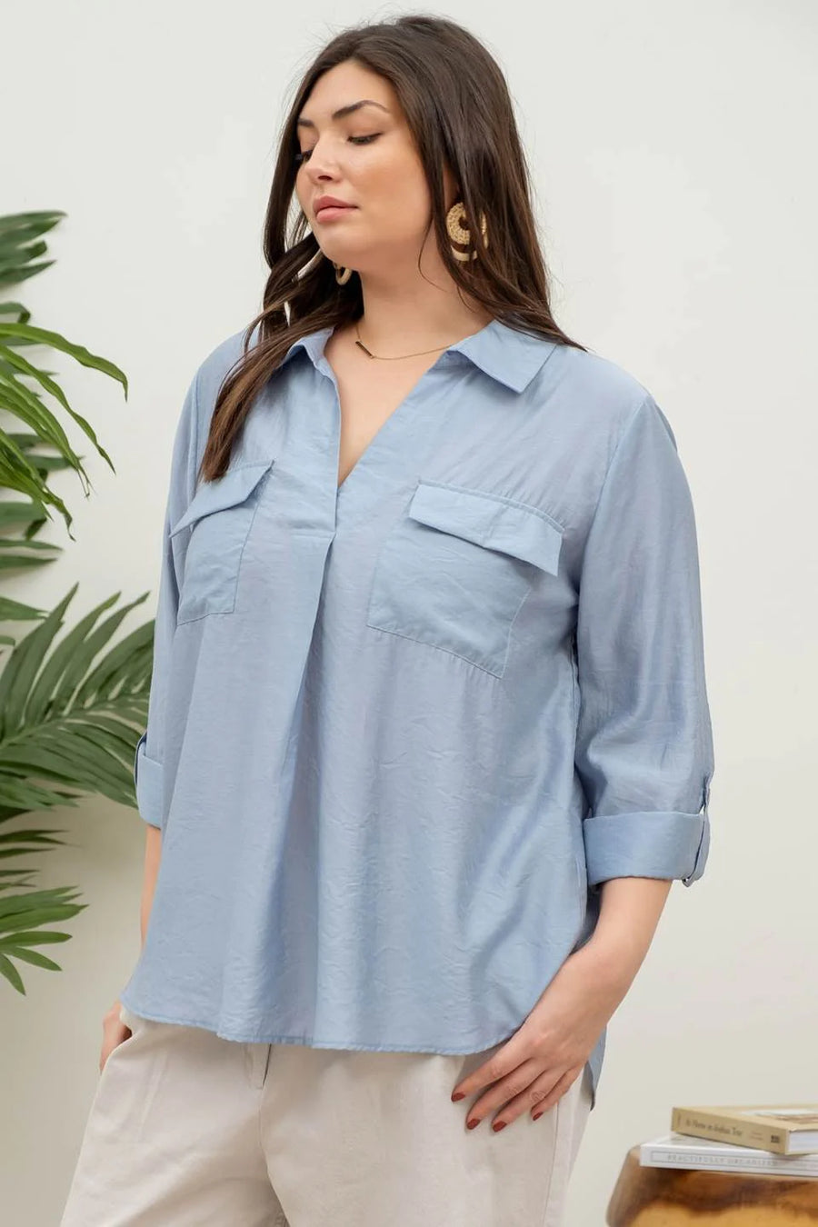 Indiana Collared Split Neck Roll-Up Sleeve Top | Chambray