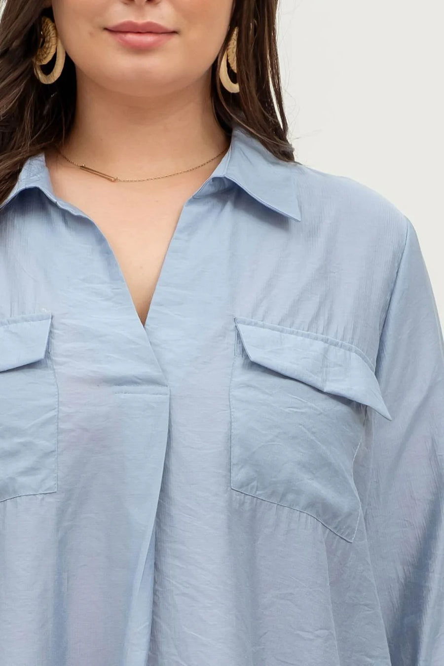 Indiana Collared Split Neck Roll-Up Sleeve Top | Chambray