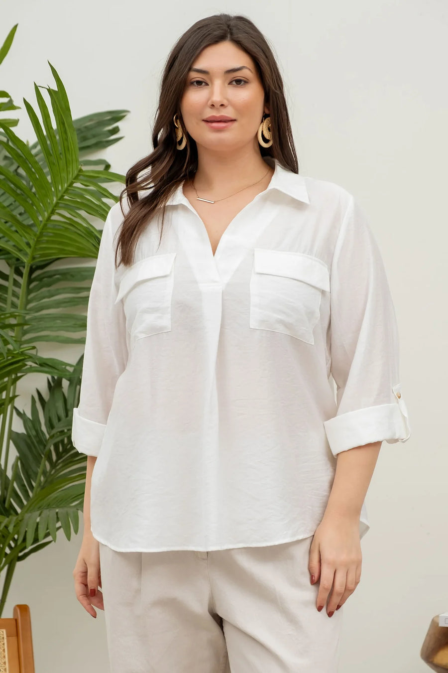 Indiana Collared Split Neck Roll-Up Sleeve Top | White