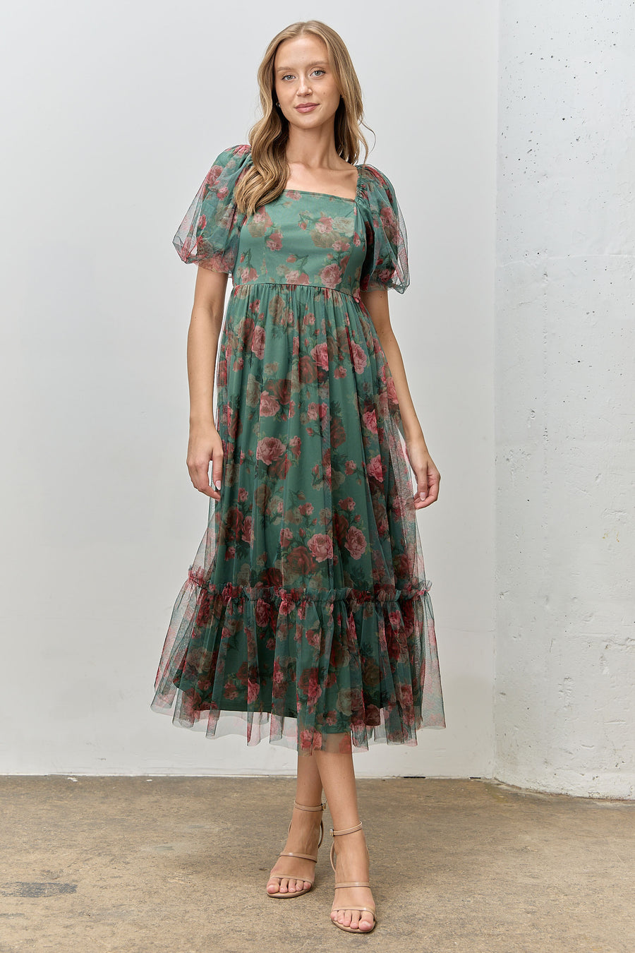 Whimsy Garden  | Tulle Maxi Dress | Green Floral Printed