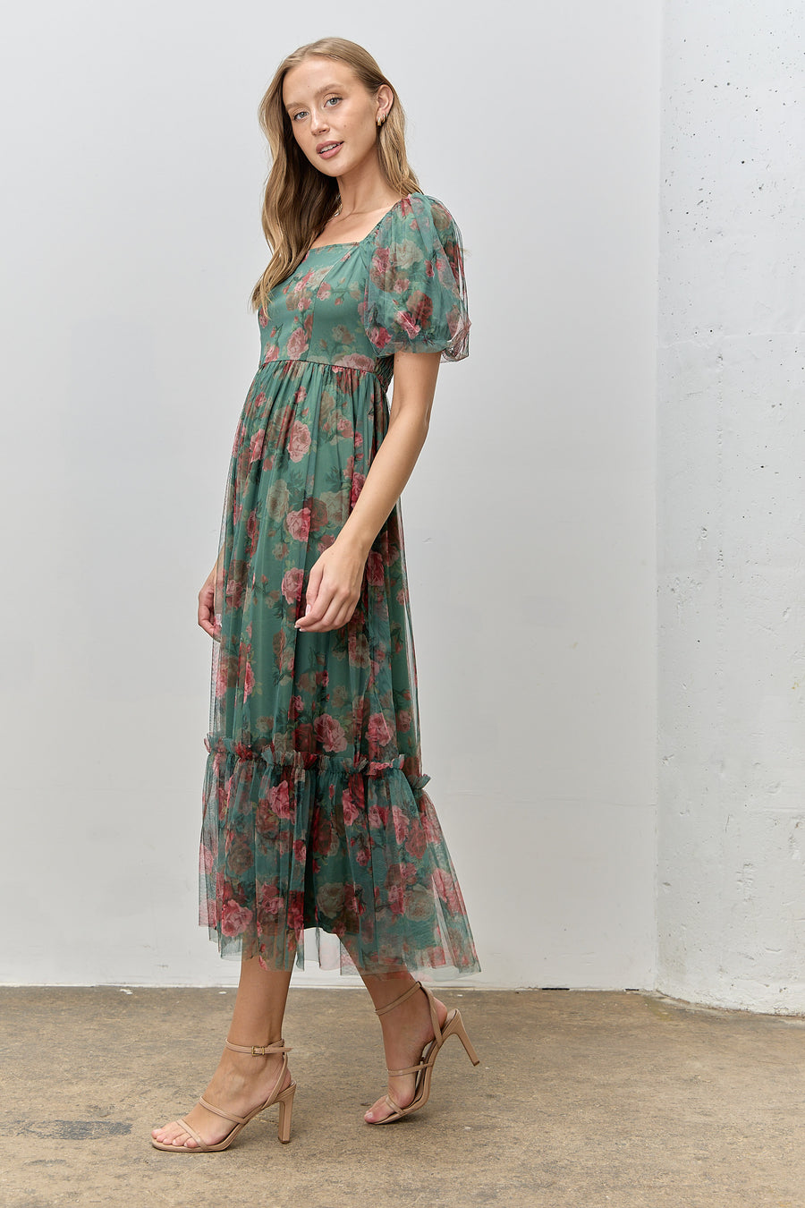 Whimsy Garden  | Tulle Maxi Dress | Green Floral Printed
