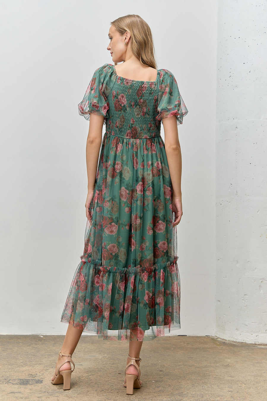 Whimsy Garden  | Tulle Maxi Dress | Green Floral Printed