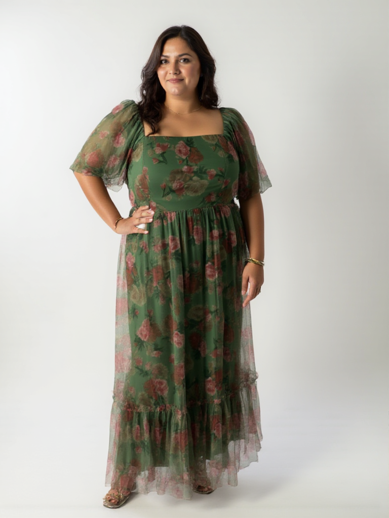 Whimsy Garden  | Tulle Maxi Dress | Green Floral Printed