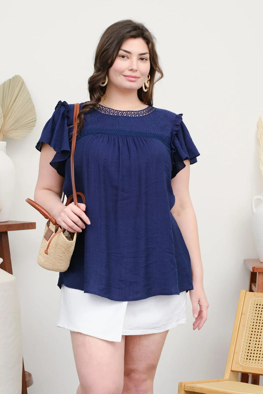 Danica | Embroidery Floral Detail Lace Trim Blouse | Navy