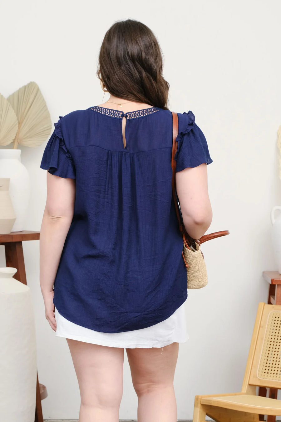 Danica | Embroidery Floral Detail Lace Trim Blouse | Navy