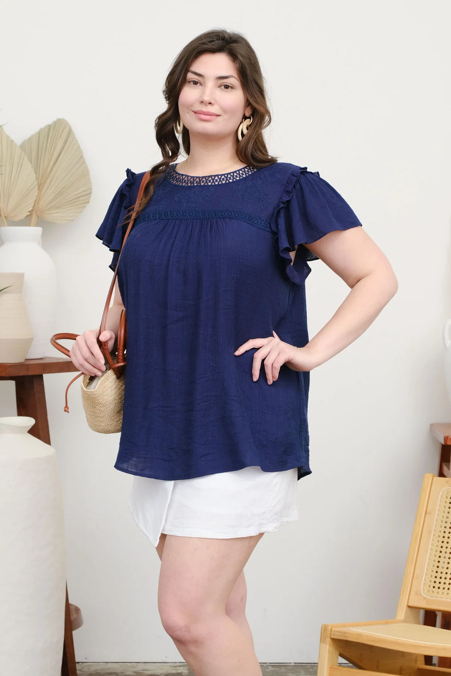 Danica | Embroidery Floral Detail Lace Trim Blouse | Navy