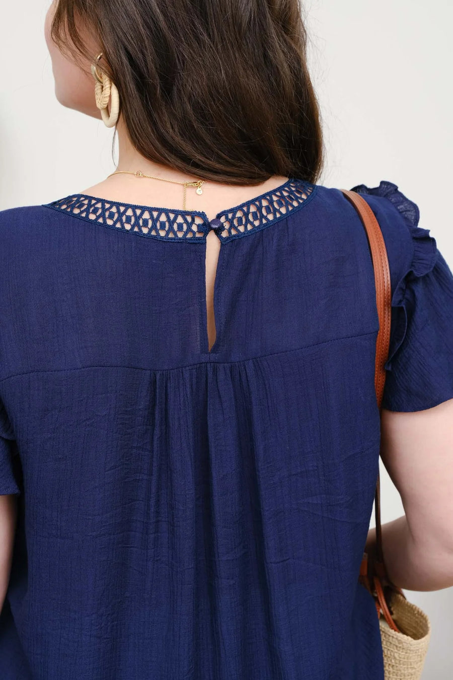 Danica | Embroidery Floral Detail Lace Trim Blouse | Navy