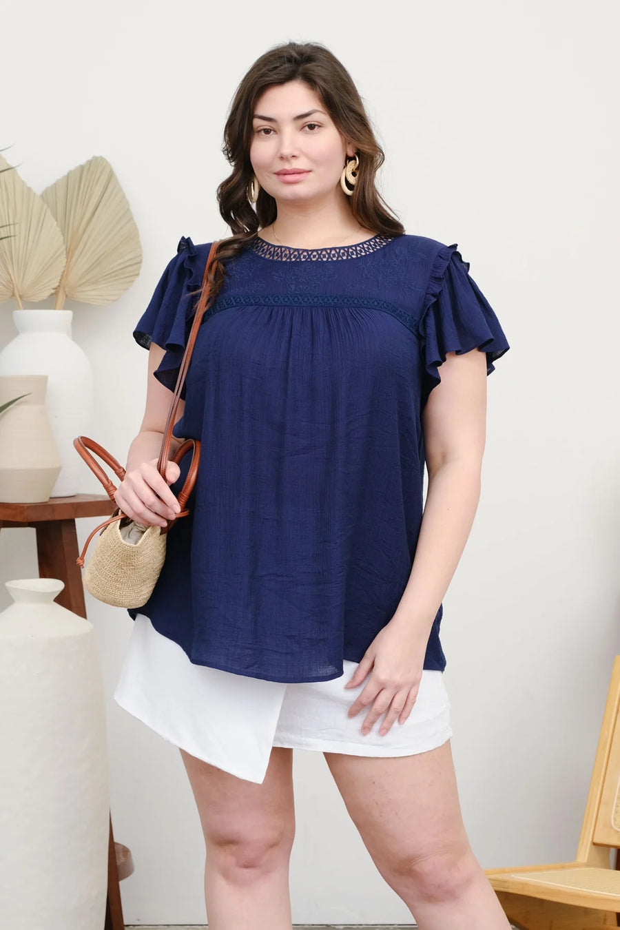 Danica | Embroidery Floral Detail Lace Trim Blouse | Navy