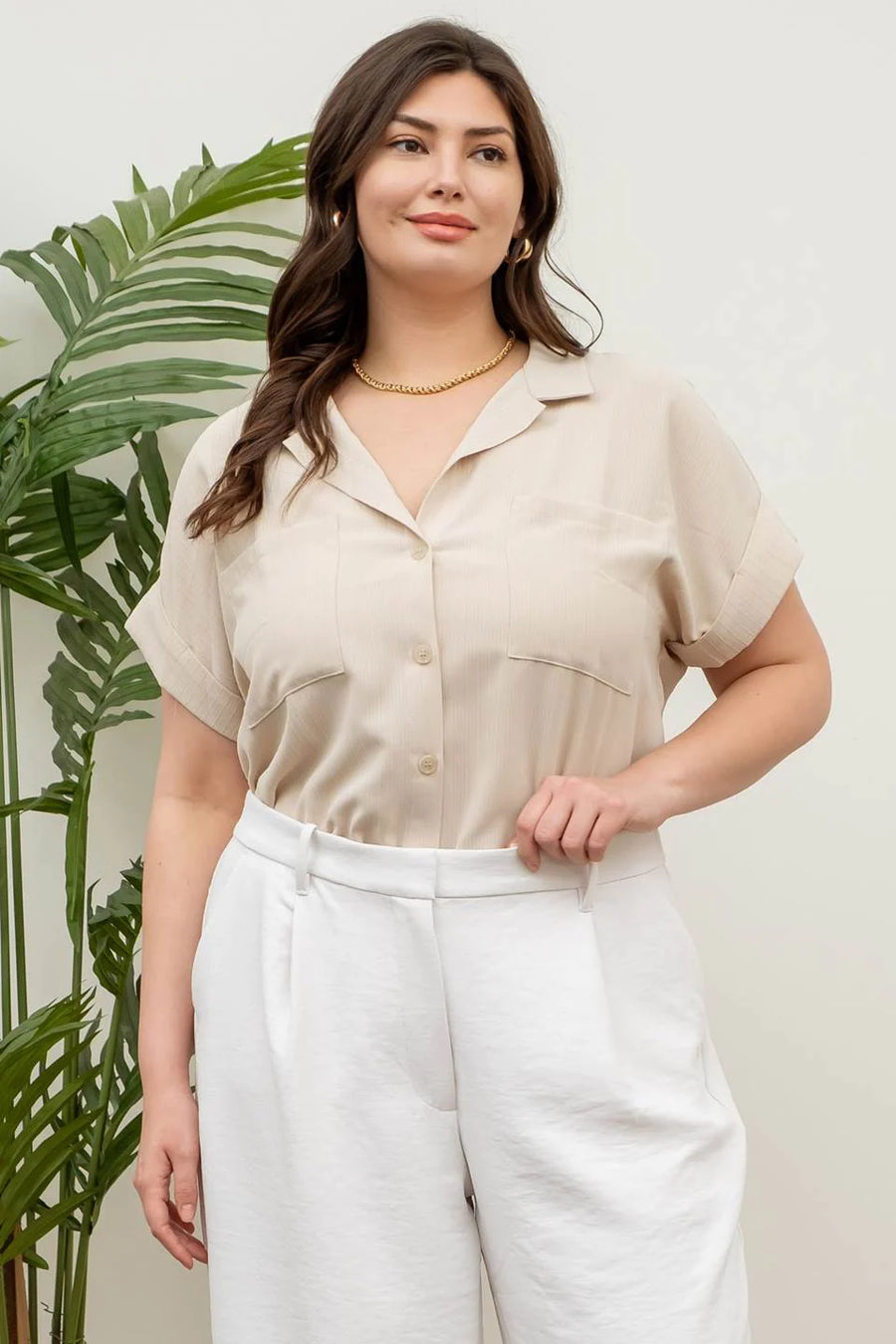 Erin Short Fold Sleeve Button Down Shirt | Light Khaki