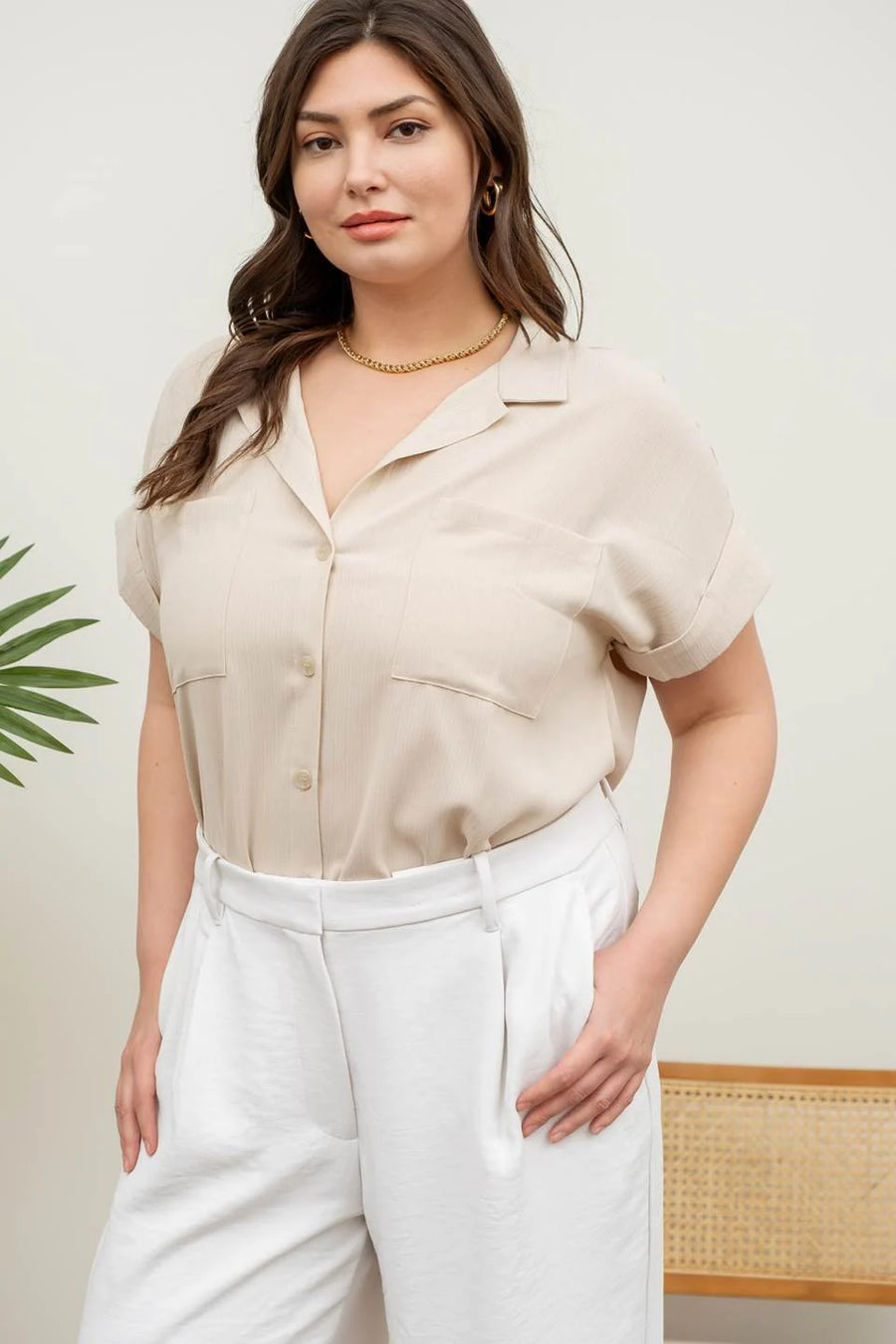 Erin Short Fold Sleeve Button Down Shirt | Light Khaki