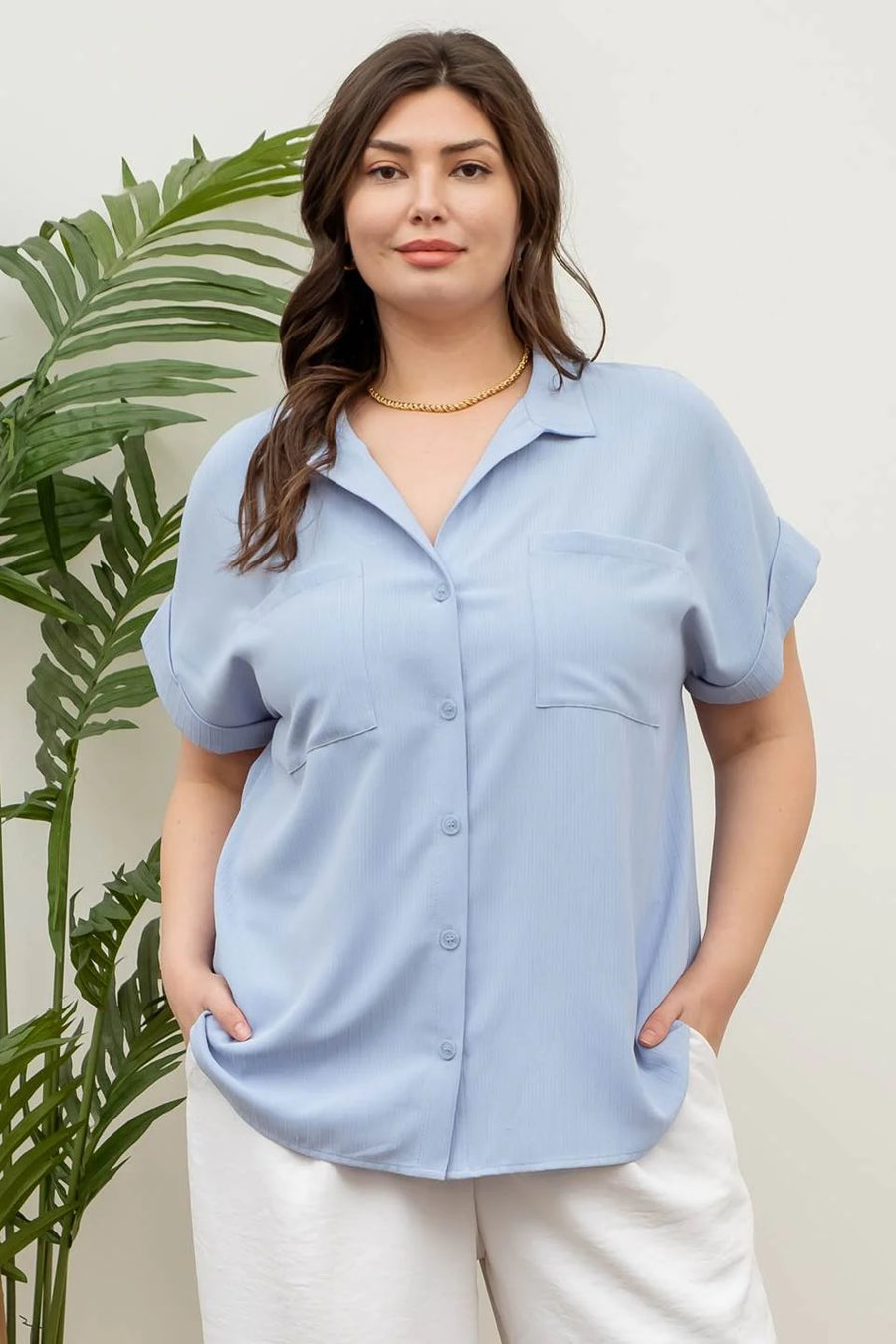 Erin Short Fold Sleeve Button Down Shirt | Blue