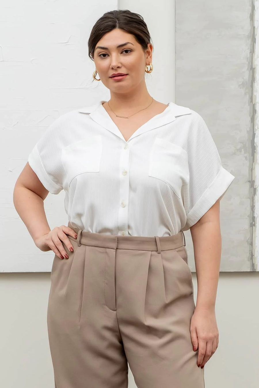 Erin Short Fold Sleeve Button Down Shirt | White