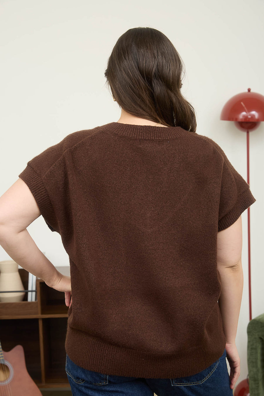 Harvest Moon | V Neck Short Sleeve Knit Pullover Sweater | Brown
