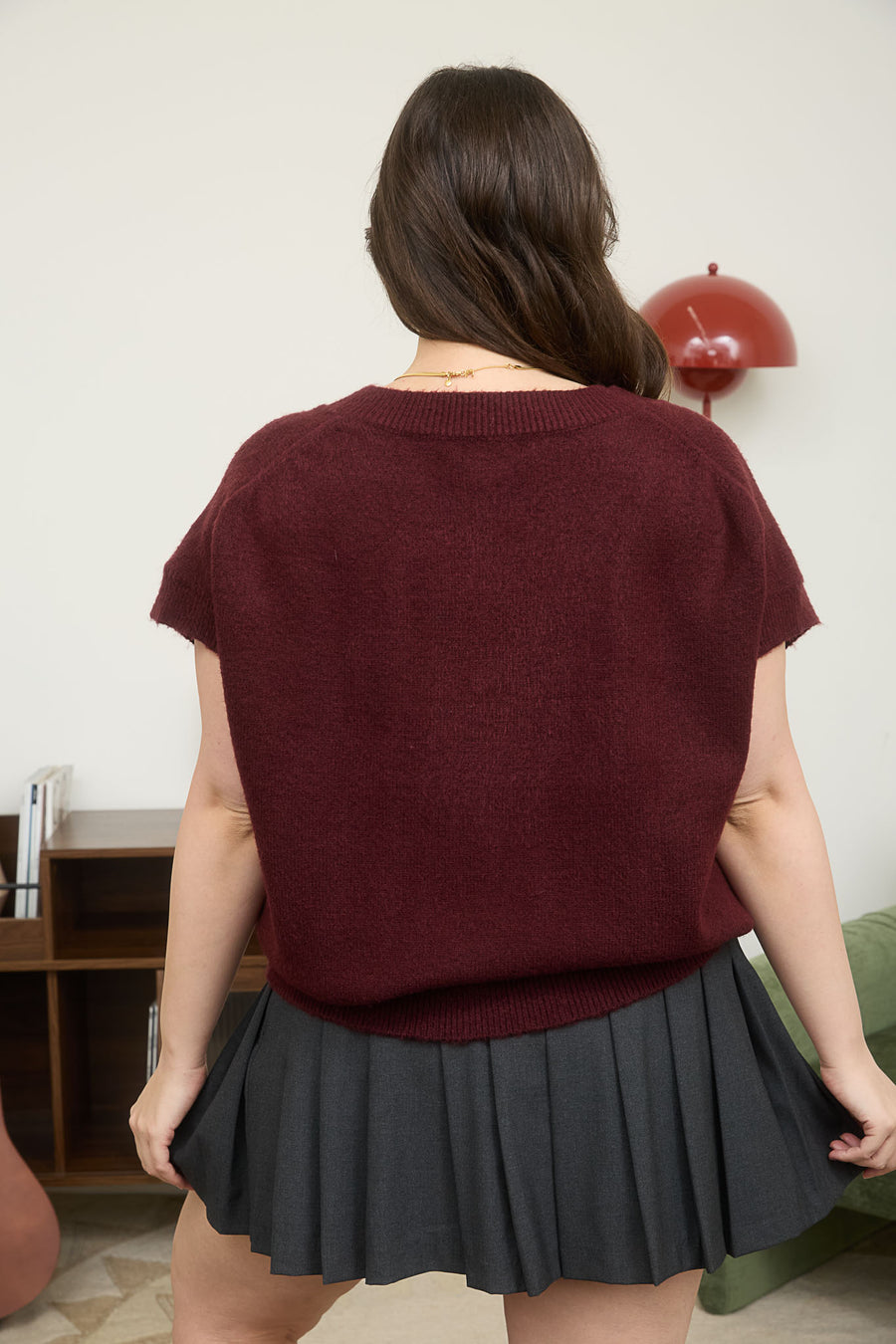 Harvest Moon | V Neck Short Sleeve Knit Pullover Sweater | Red Wood