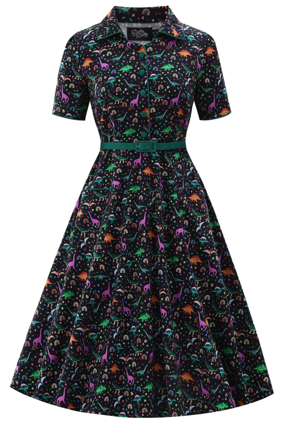 Penelope | Rockabilly Shirt Dress | Dino & Rainbow Print