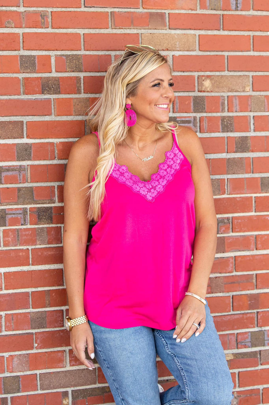 Suzy Lace Trim Tank | Hot Pink *FINAL SALE*