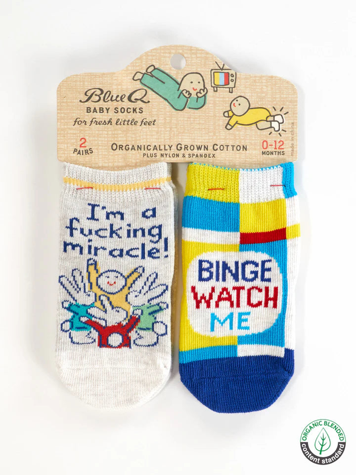 I'm A F*cking Miracle!/ Binge Watch Me | Baby Socks | Blue Q