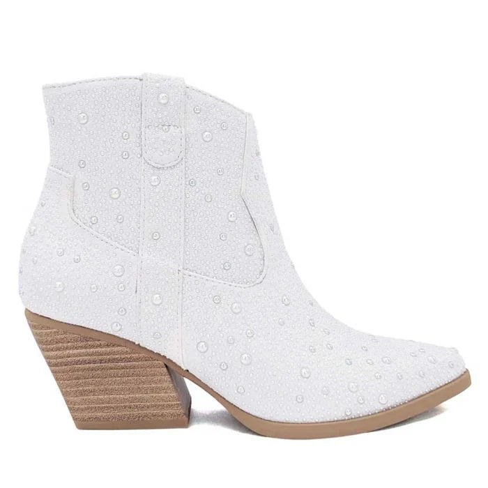 Shelby | Pearl Accent Western Booties | White