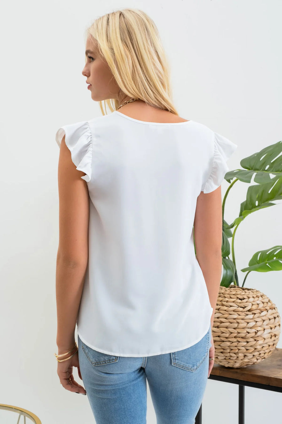 Amanda Vertical Split Ruffle Sleeve Woven Top | White