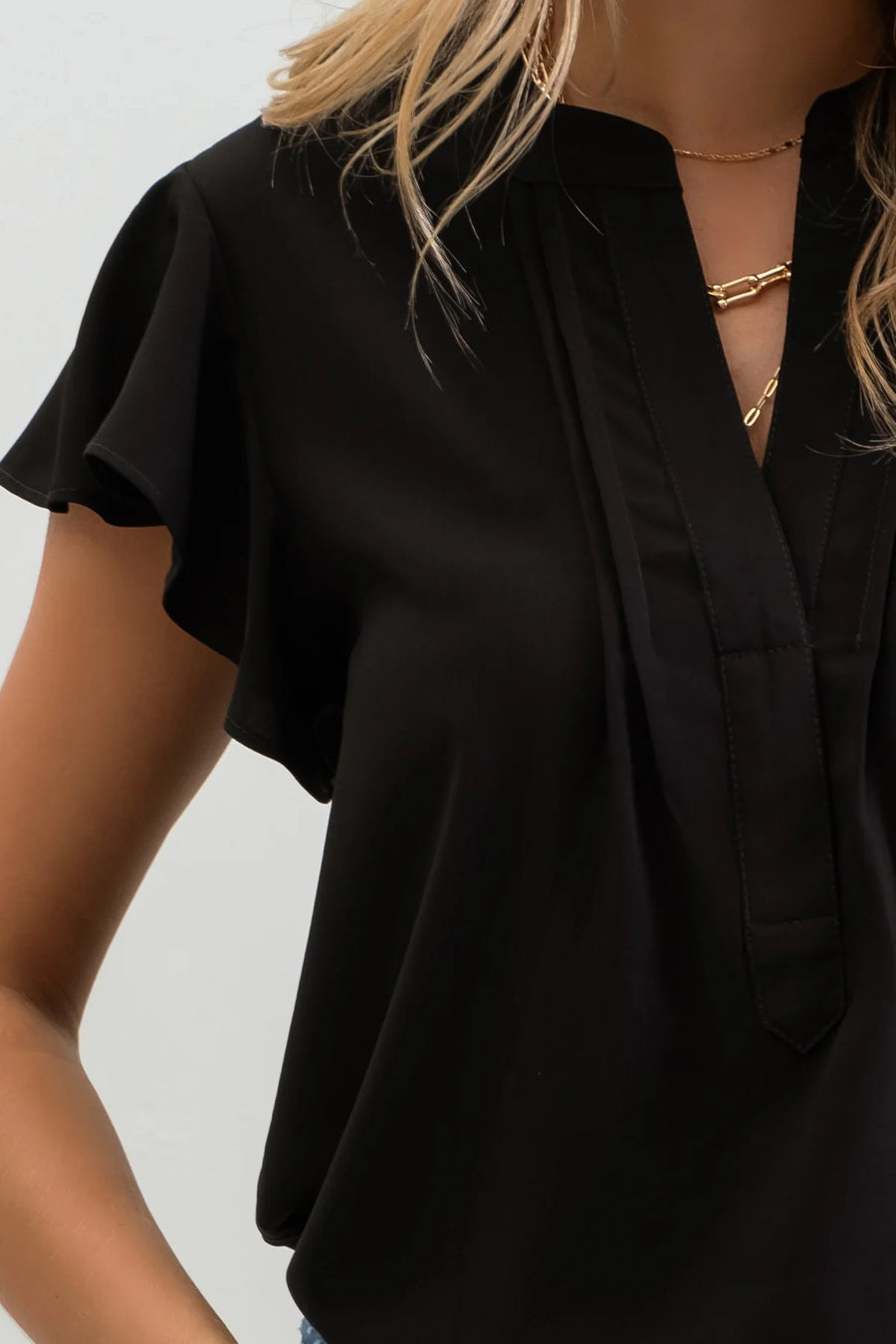 Sadie Flutter Sleeve Woven Top | Black