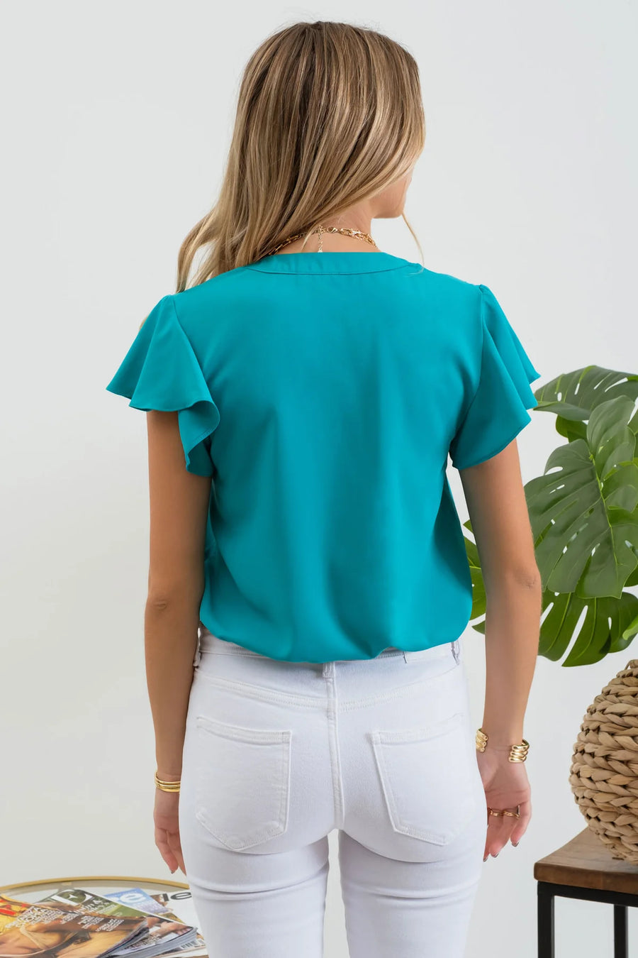 Sadie Flutter Sleeve Woven Top | Teal