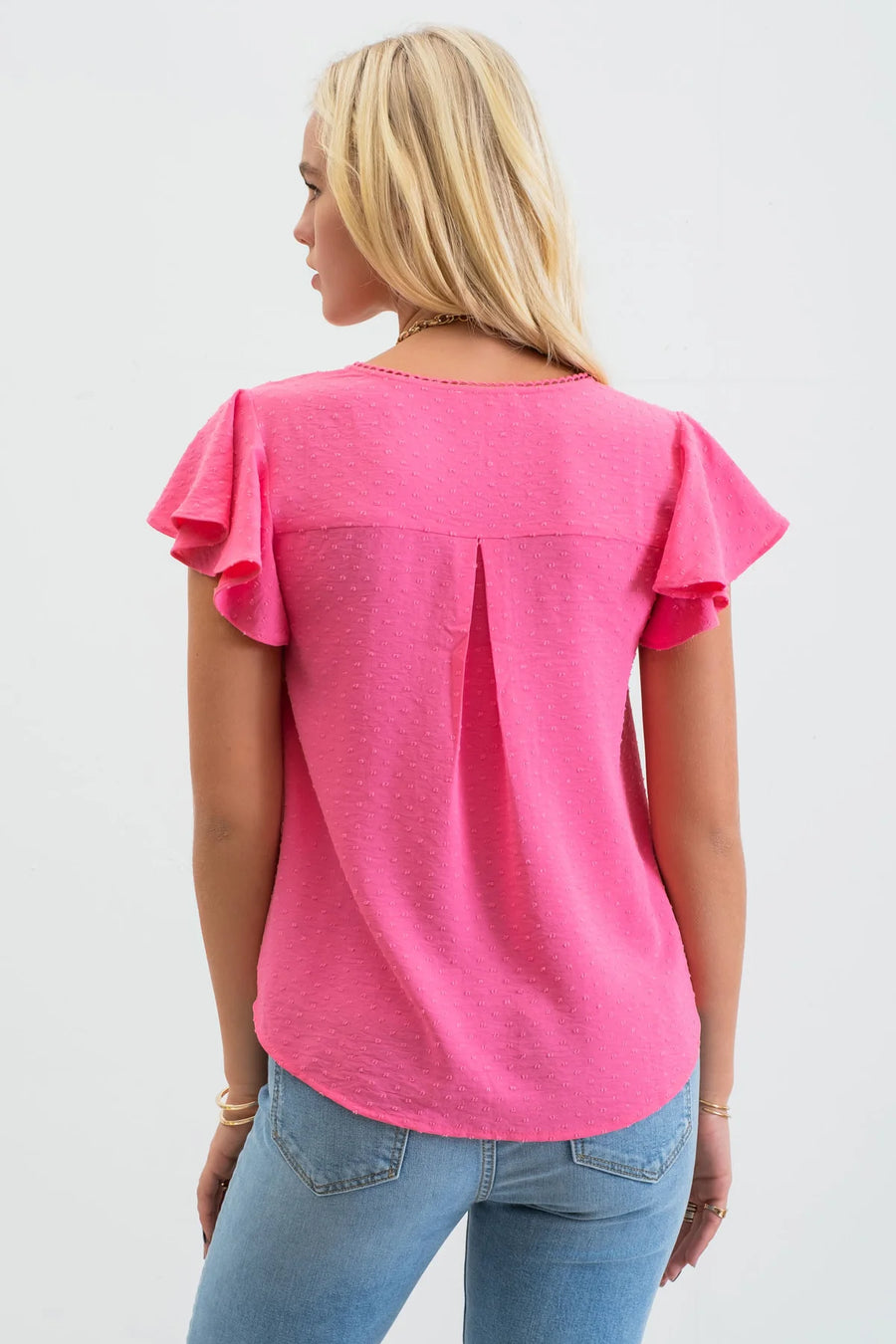 Jessie Lace Edge Split Neckline Woven Top | Fuchsia