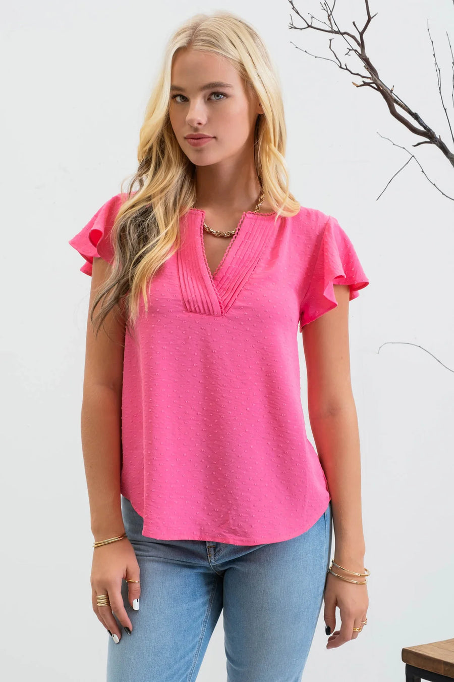 Jessie Lace Edge Split Neckline Woven Top | Fuchsia