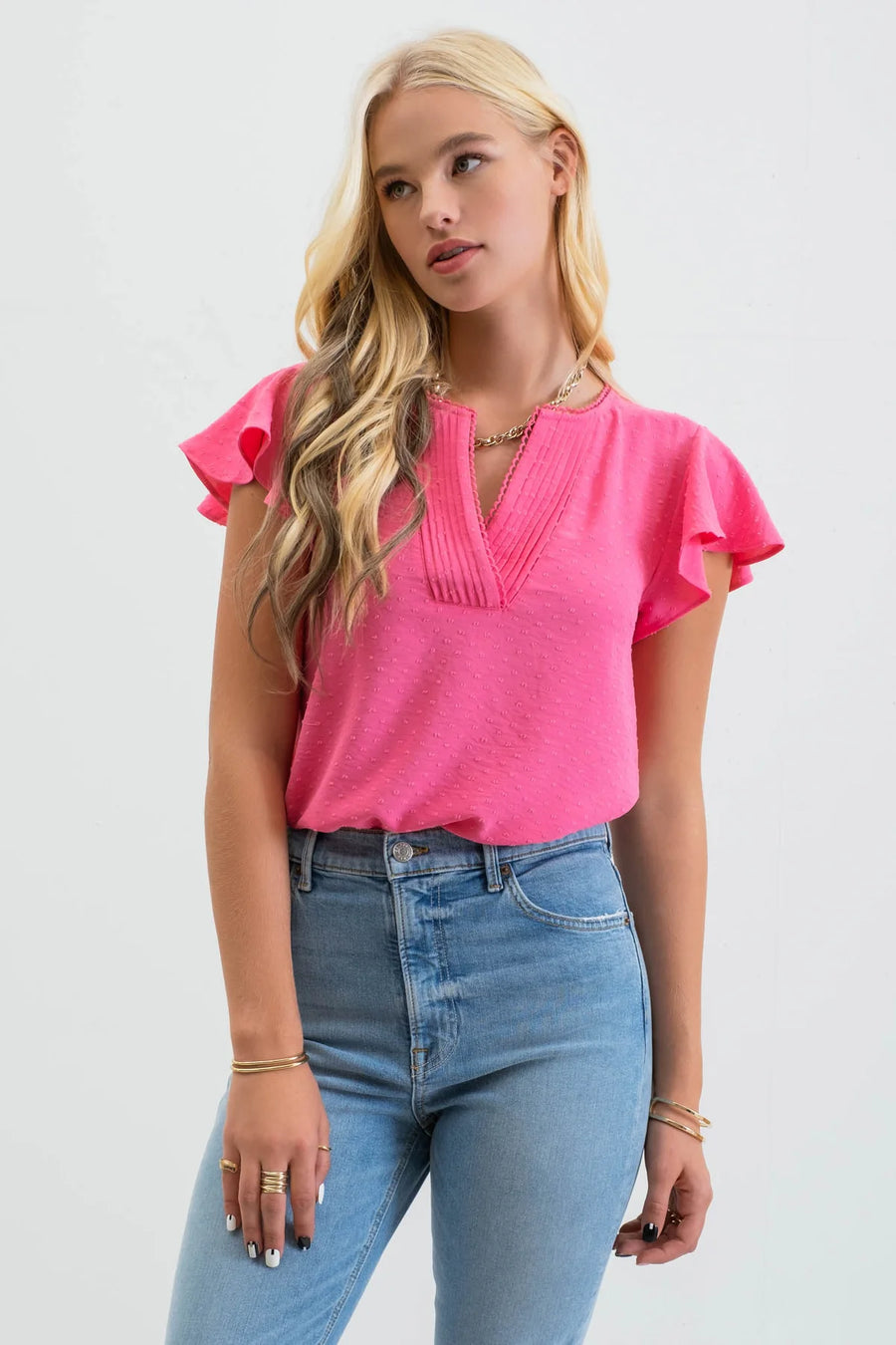 Jessie Lace Edge Split Neckline Woven Top | Fuchsia