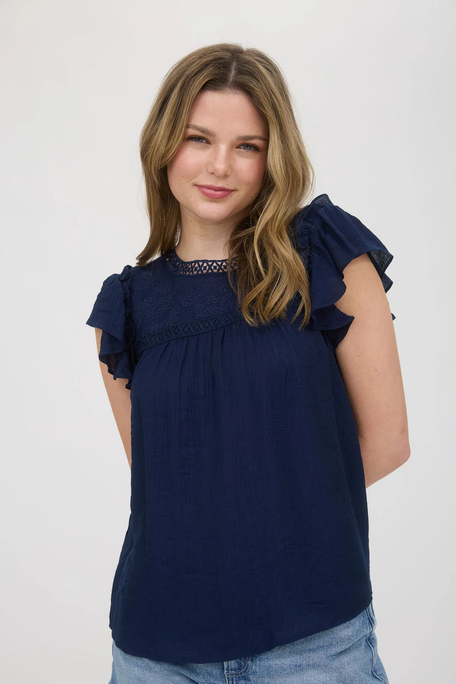Danica | Embroidery Floral Detail Lace Trim Blouse | Navy
