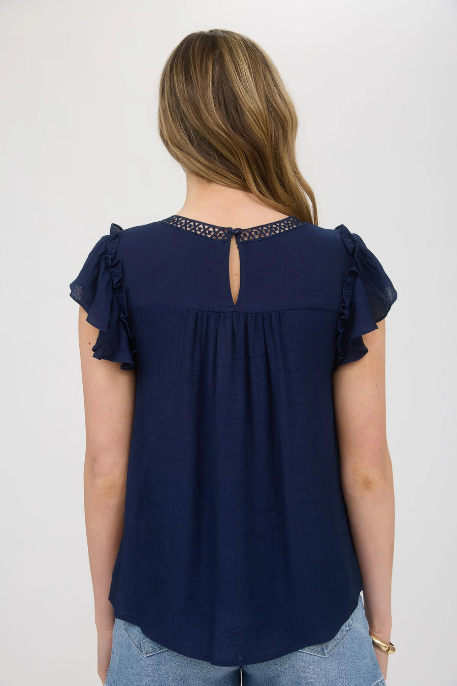 Danica | Embroidery Floral Detail Lace Trim Blouse | Navy