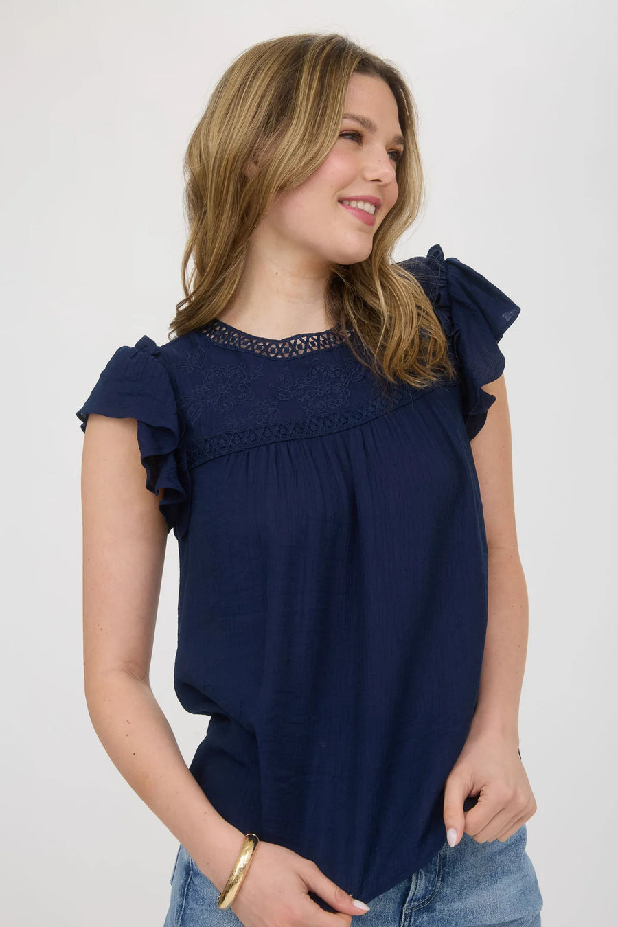 Danica | Embroidery Floral Detail Lace Trim Blouse | Navy