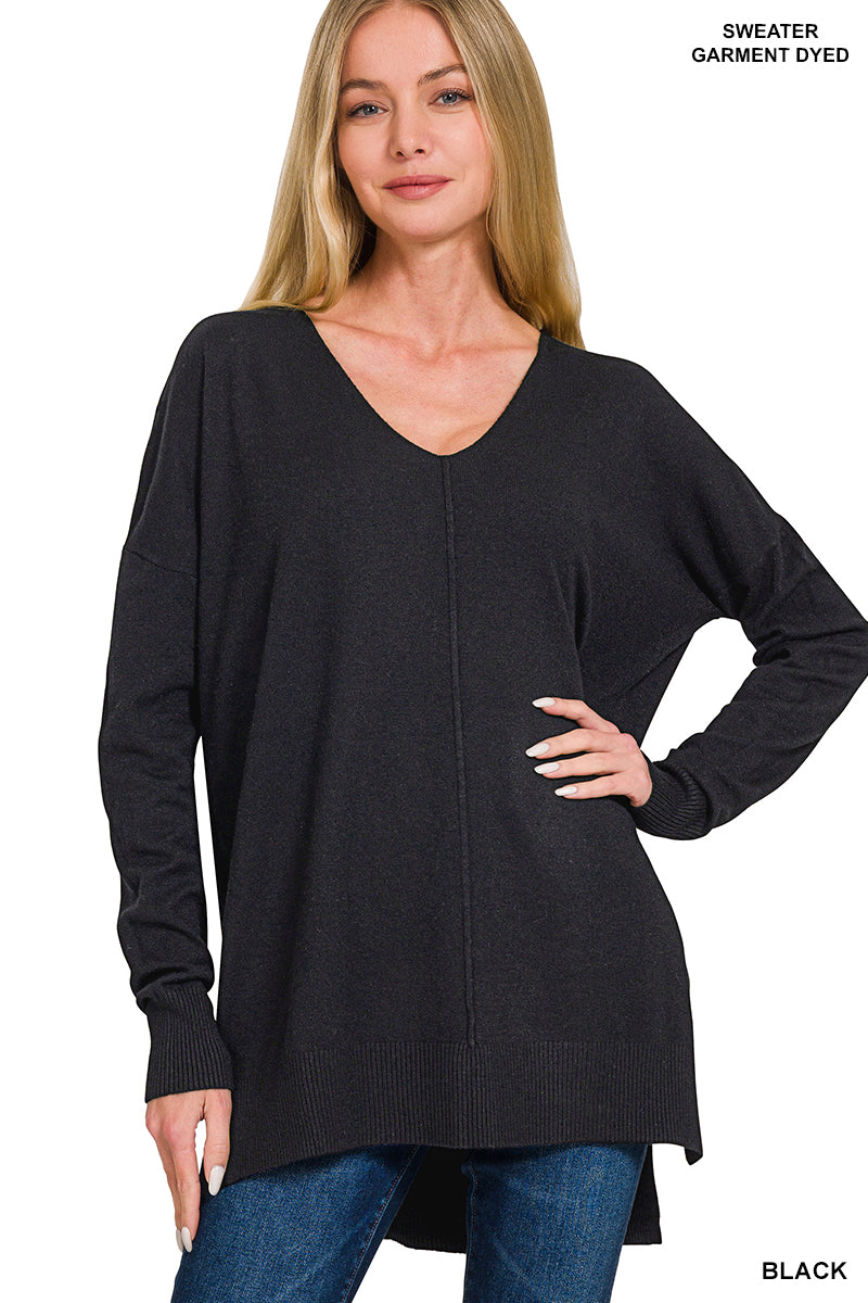 Cloud Nine | High-Low Hem V-Neck Sweater | Black