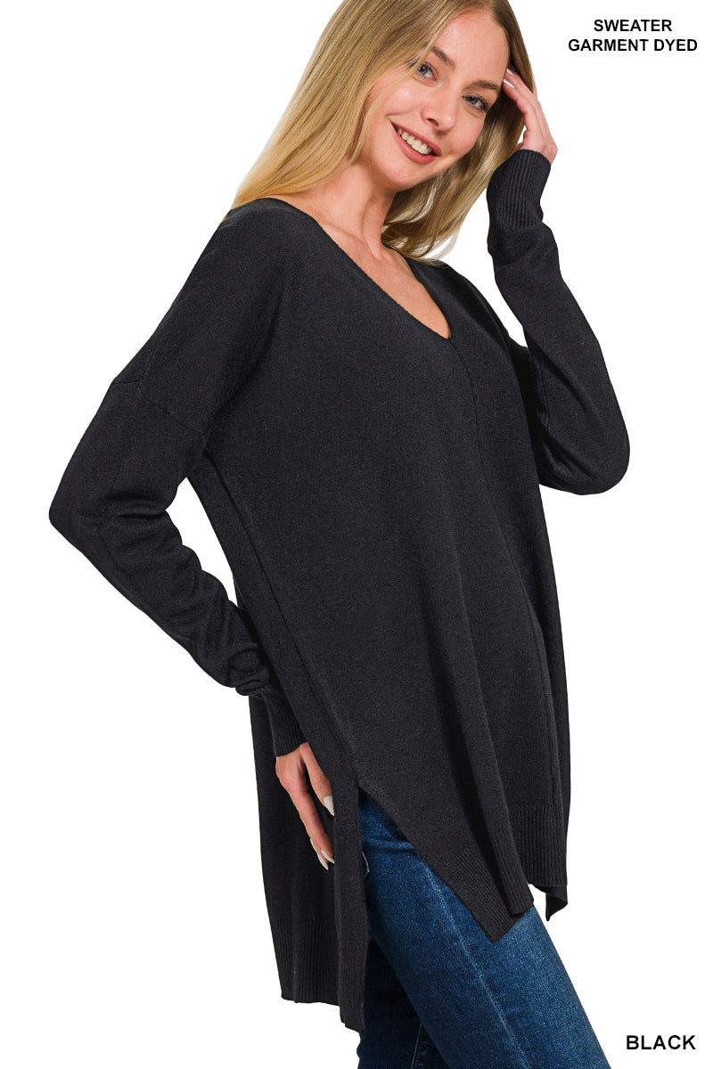 Cloud Nine | High-Low Hem V-Neck Sweater | Black