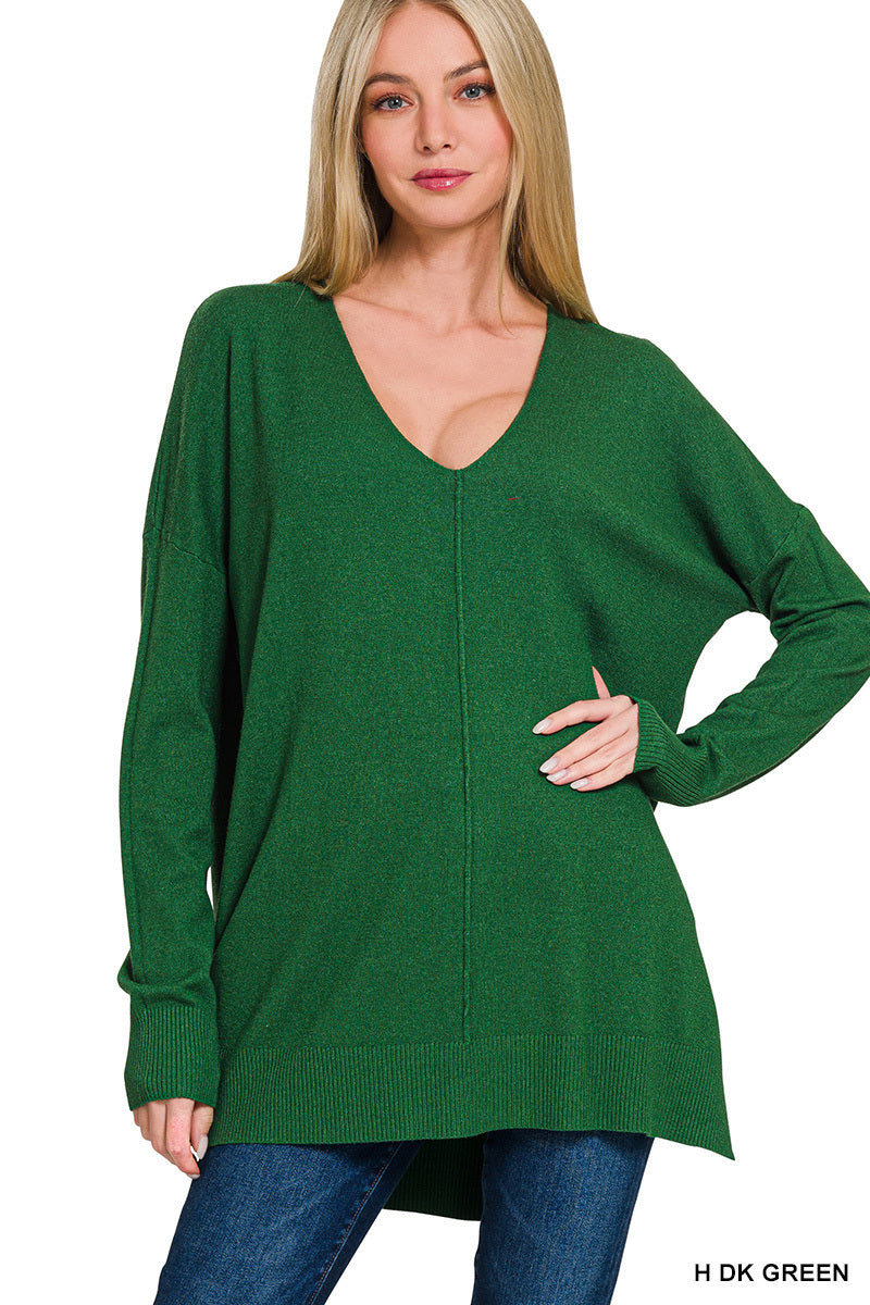 Cloud Nine | High-Low Hem V-Neck Sweater | H Dk Green