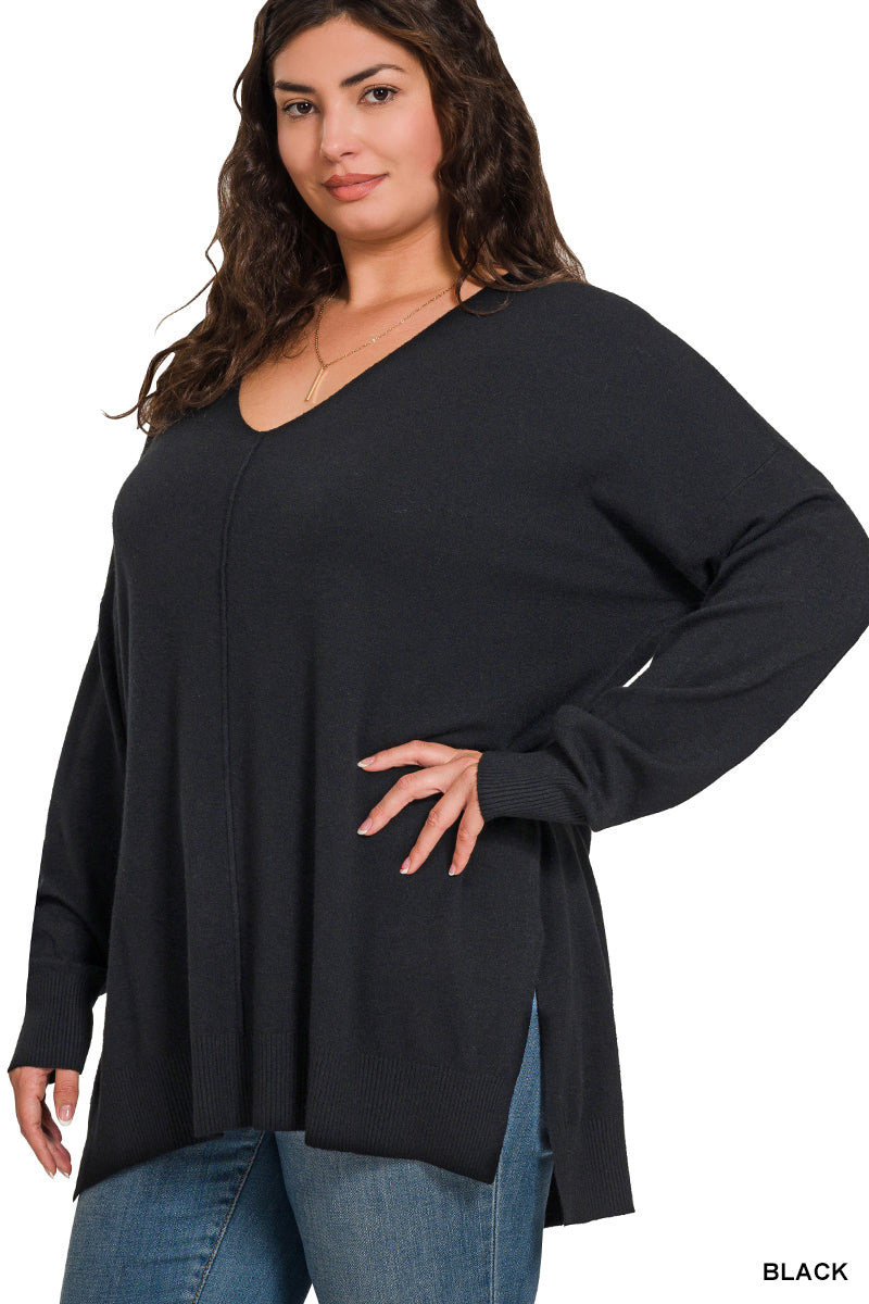 Cloud Nine | High-Low Hem V-Neck Sweater | Black