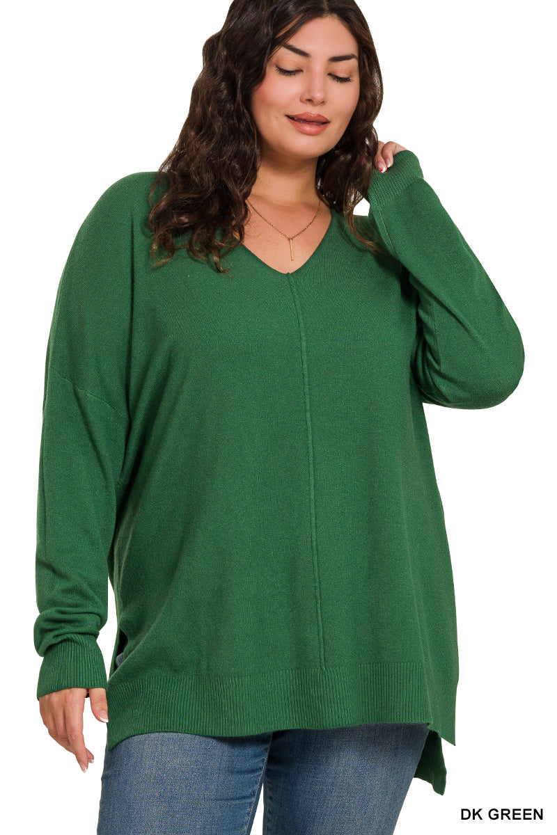 Cloud Nine | High-Low Hem V-Neck Sweater | H Dk Green