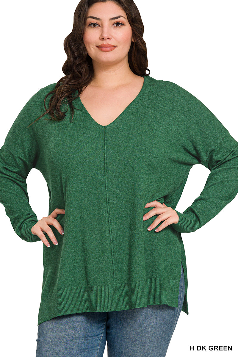 Cloud Nine | High-Low Hem V-Neck Sweater | H Dk Green