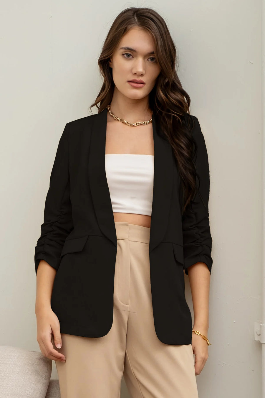 Carter Ruched Sleeve Blazer | Black