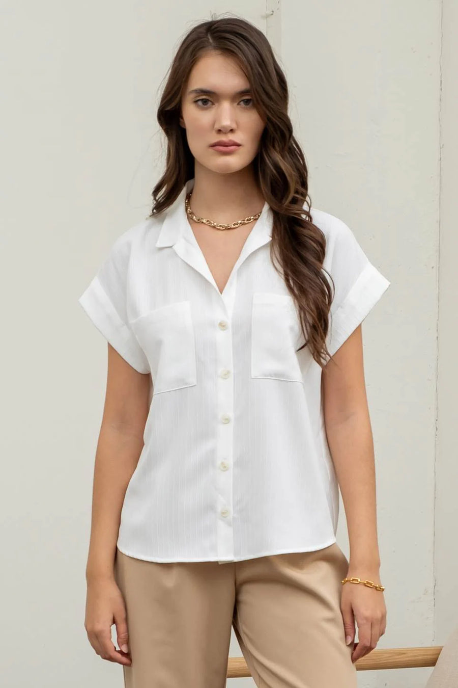 Erin Short Fold Sleeve Button Down Shirt | White