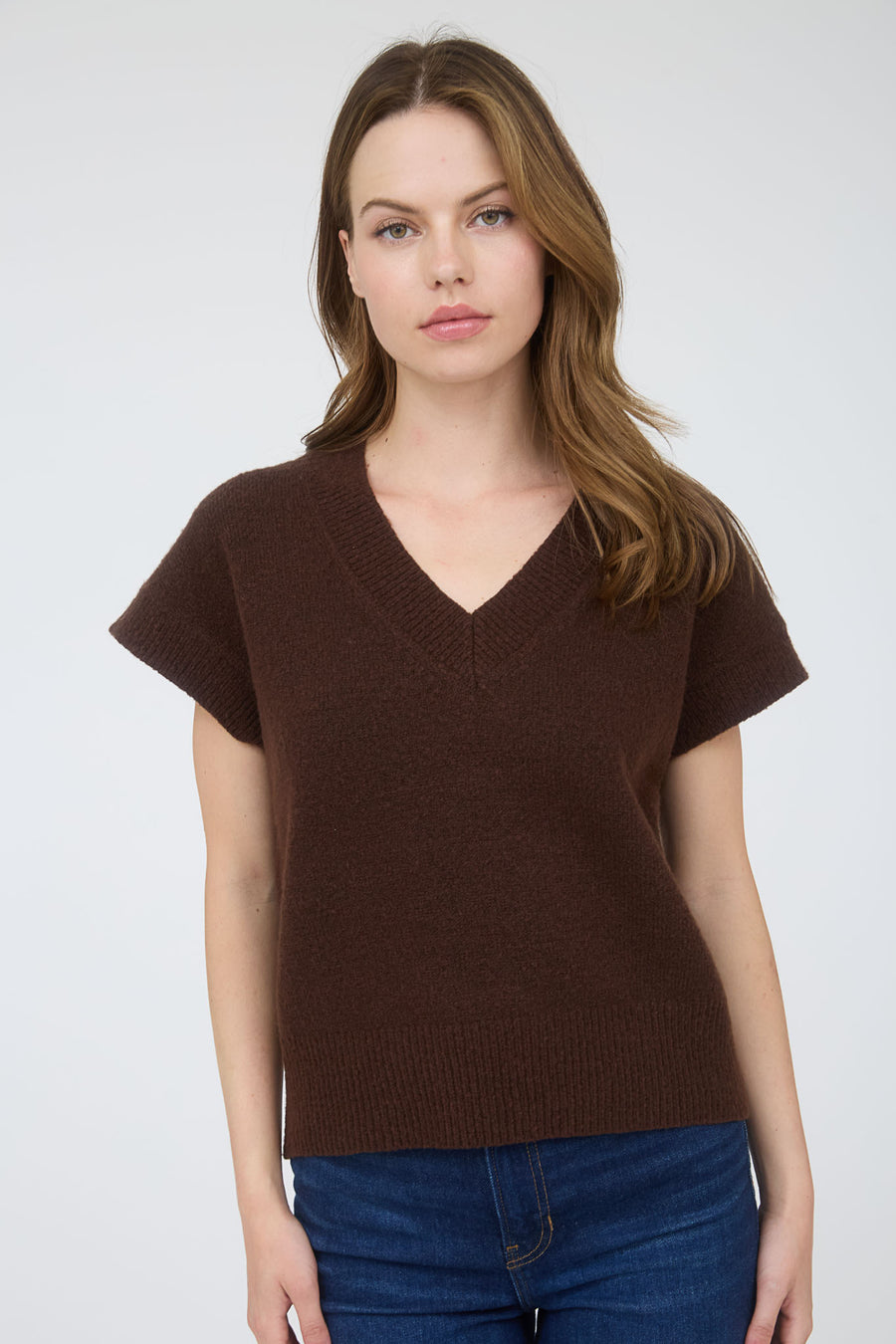 Harvest Moon | V Neck Short Sleeve Knit Pullover Sweater | Brown