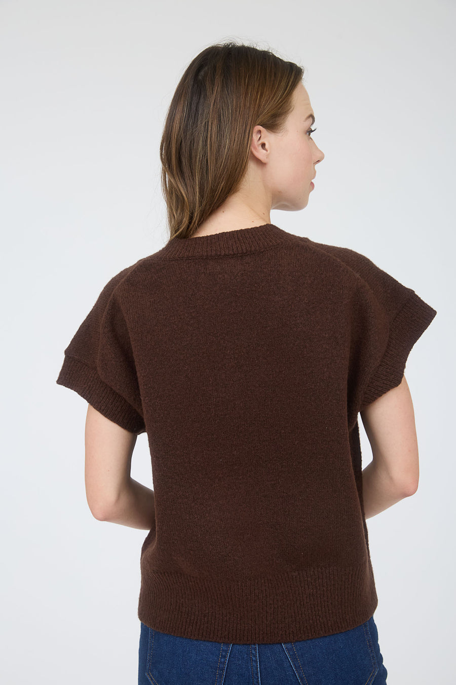 Harvest Moon | V Neck Short Sleeve Knit Pullover Sweater | Brown