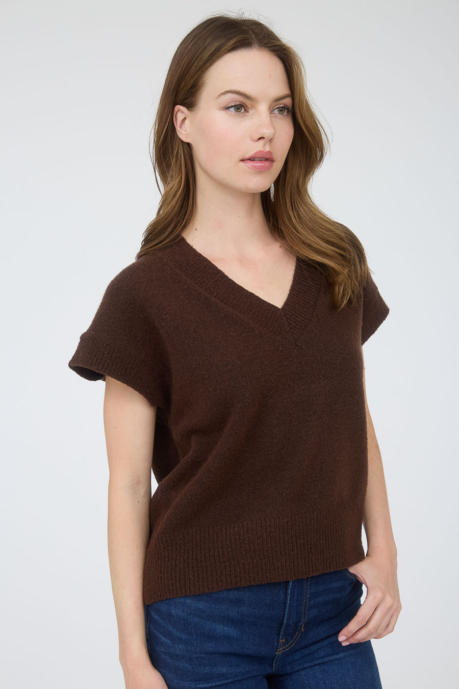 Harvest Moon | V Neck Short Sleeve Knit Pullover Sweater | Brown